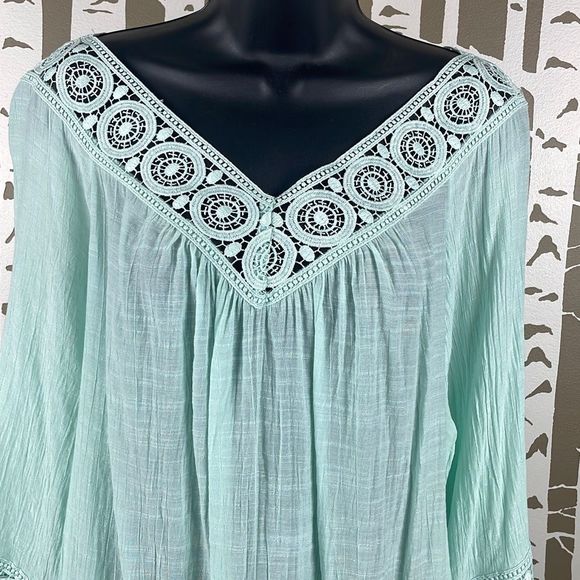 Indigo Soul Gauze Crochet Lace Trim Balloon Sleeve Tunic Top 2XL - Picture 4 of 11